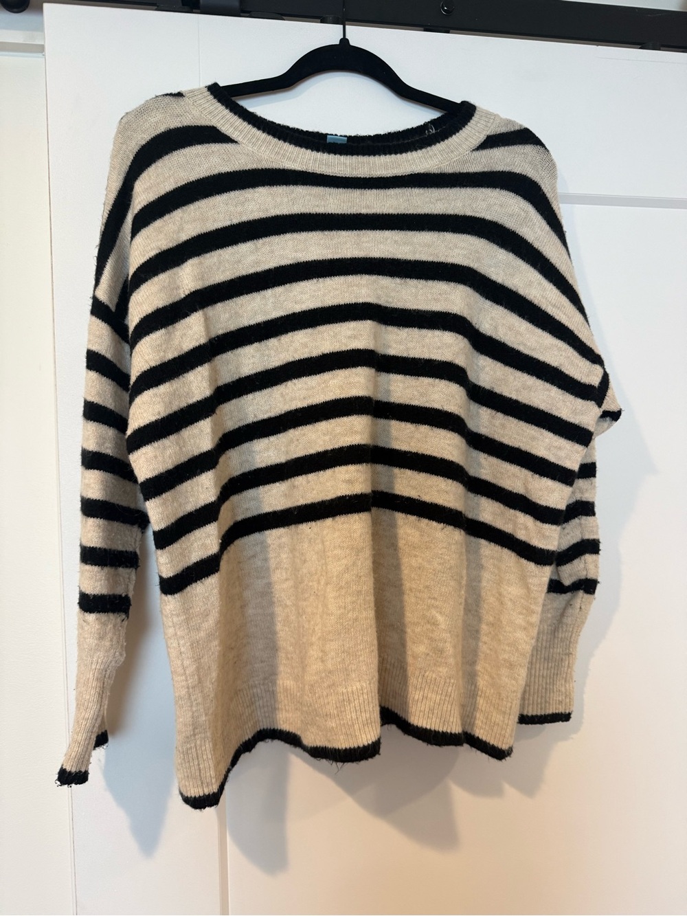 CeCe Black and Cream Striped Scoop Neck Sweater